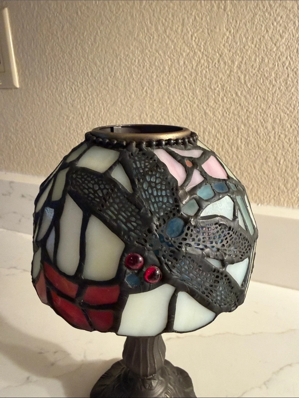 Vintage Stained Glass Dragonfly Candle Holder